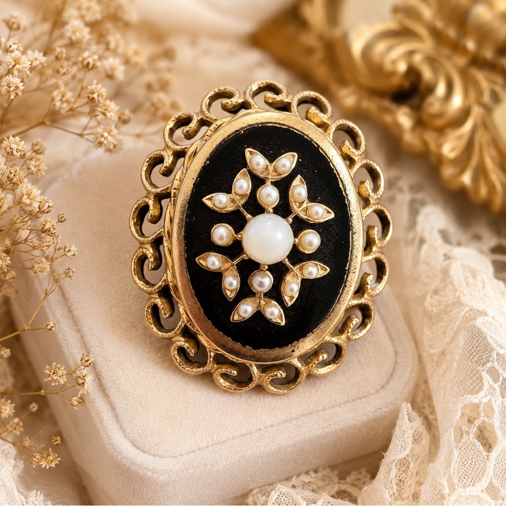 Vintage Coro Black Enamel & Faux Pearl Brooch